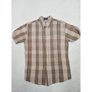 Pendleton Button Down Linen Shirt Men's Small Tan Plaid Short Sleeve